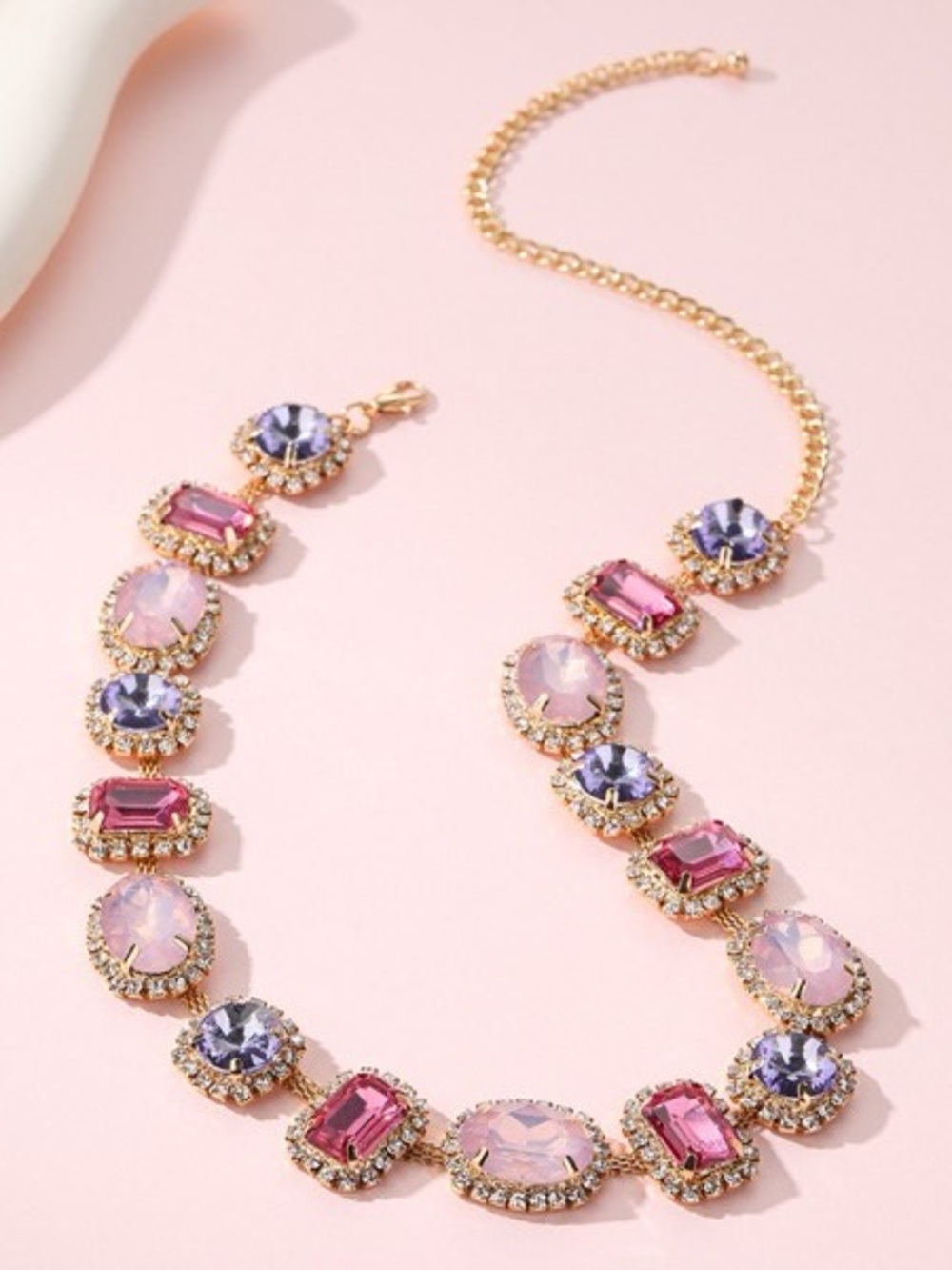 Pink Ab crystal evening stone gold statement rhinestone beaded necklace